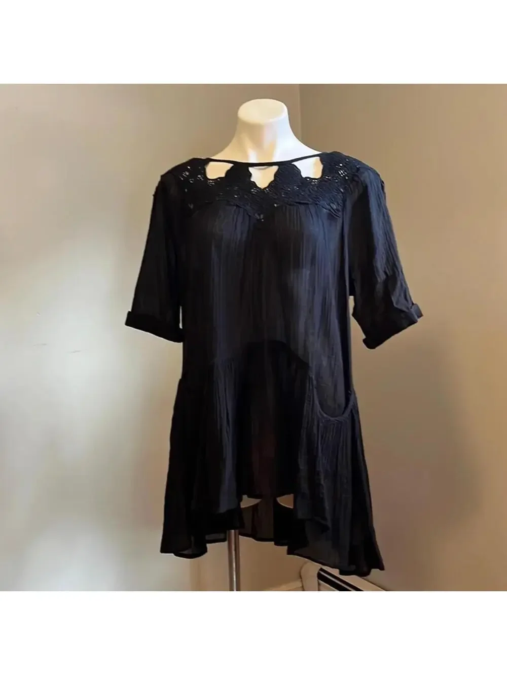 Free People 100% Cotton Embroidered Mini Dress XS Black Boho Peasant Tunic